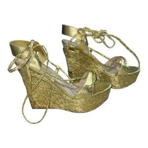 Charles Jourdan Metallic Gold Lace-Up Platform Wedges